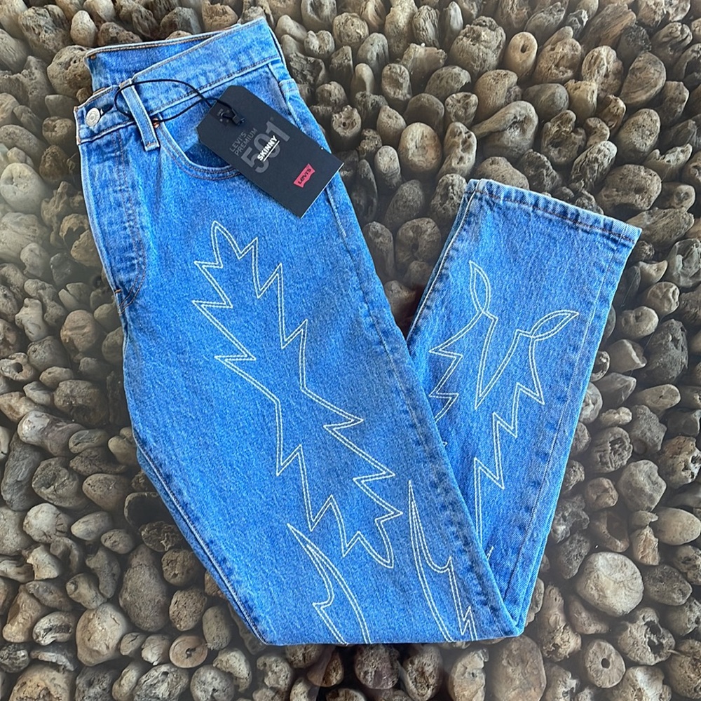 Levi's 501 High Rise Texas Cowboy Embroidered Denim Jeans NWT